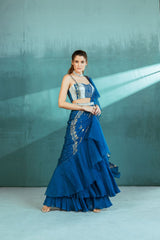Blue Chiffon Draped Saree Set