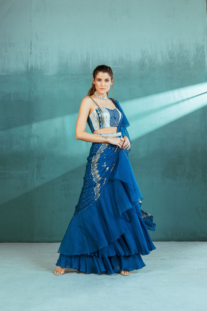 Blue Chiffon Draped Saree Set
