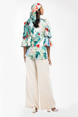 Satin Printed Pleated Top With Ivory Pants