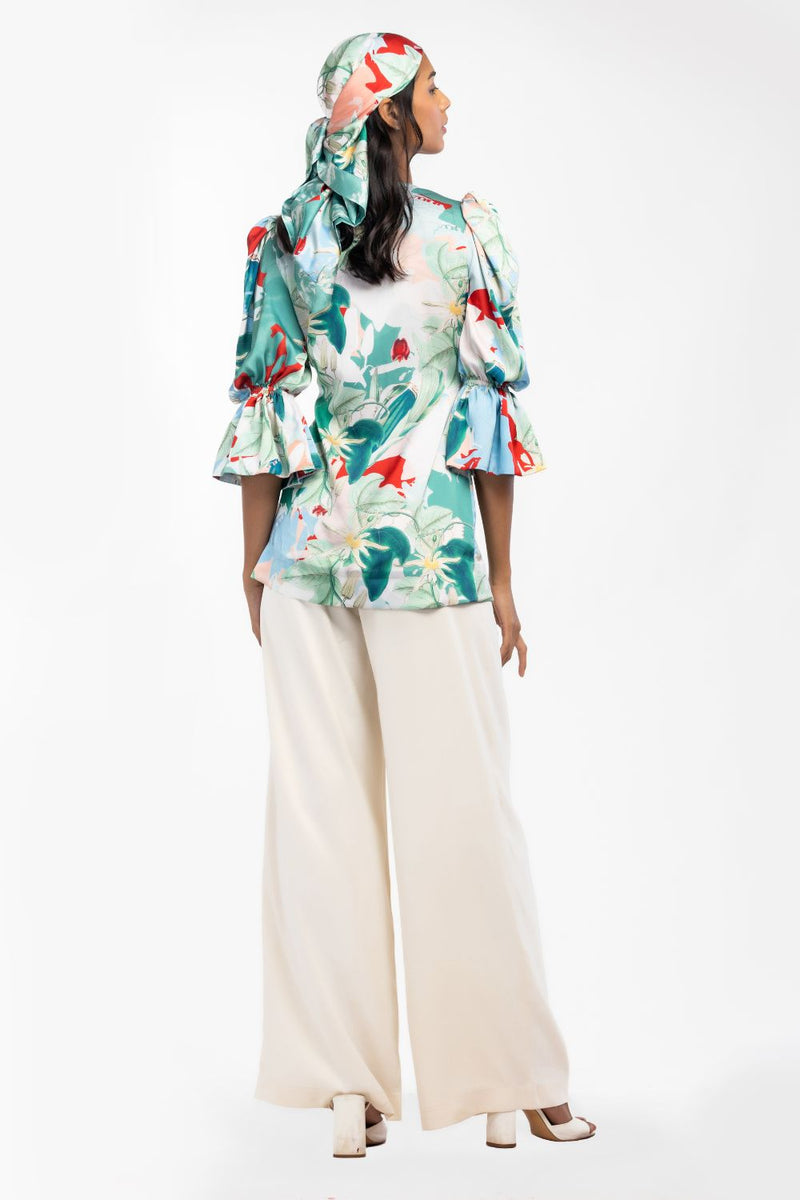 Satin Printed Pleated Top With Ivory Pants