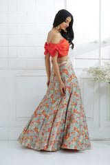 Orange Off Shoulder Printed Lehenga