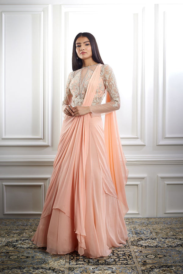 Peach drape dori embroidered saree