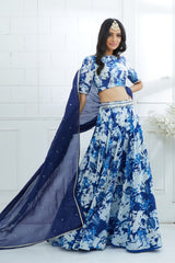 Blue Embroidered Printed Lehenga Set