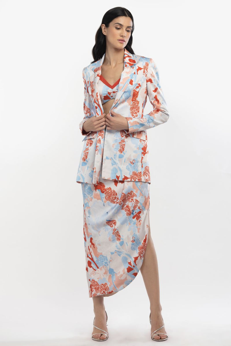 Satin Printed Jacket With Cowled Skirt And Bustier