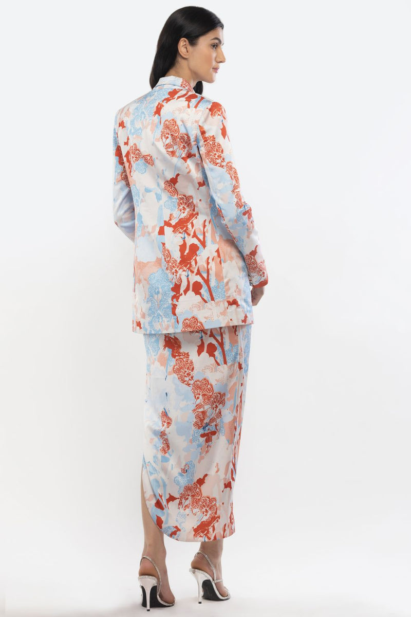 Satin Printed Jacket With Cowled Skirt And Bustier