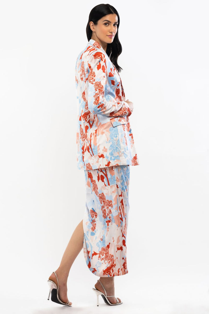 Satin Printed Jacket With Cowled Skirt And Bustier