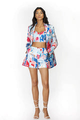 Satin Printed Jacket With Shorts And Bustier