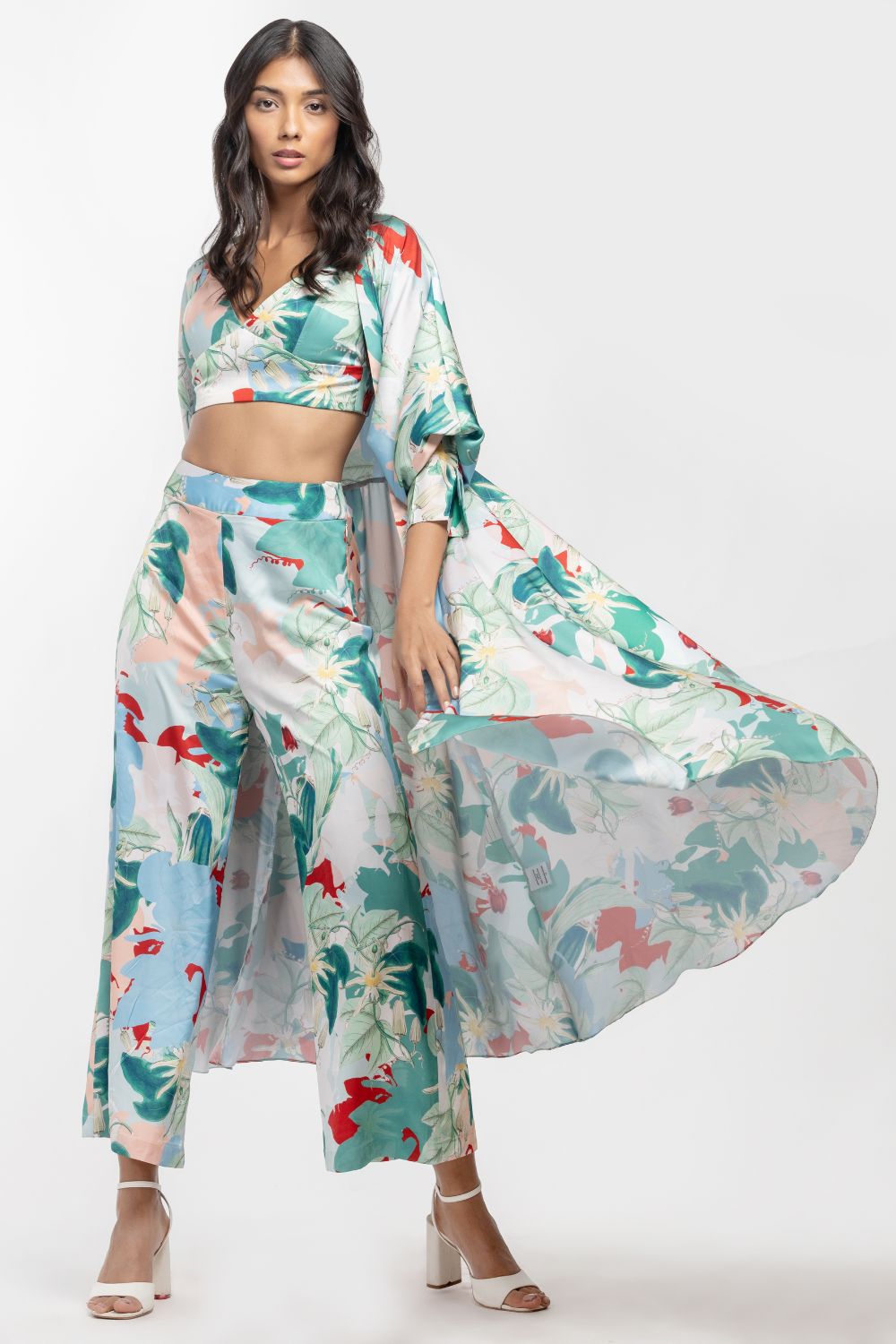 Satin Printed Jacket With Pants And Bustier