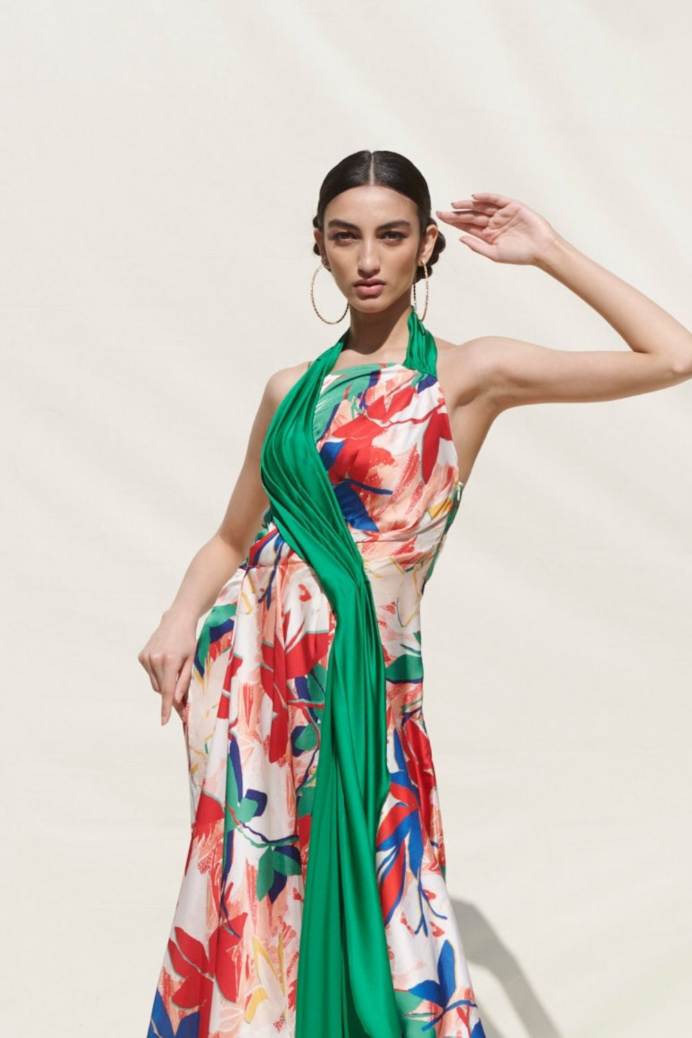 Assymetrical Drape Dress With A Green Solid Drape On Its One Side