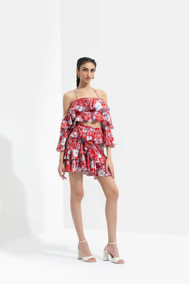 Ajisia Printed Cold Shoulder Blouse With Skirt