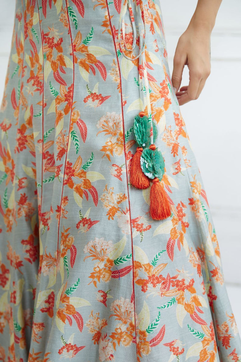 Orange Off Shoulder Printed Lehenga