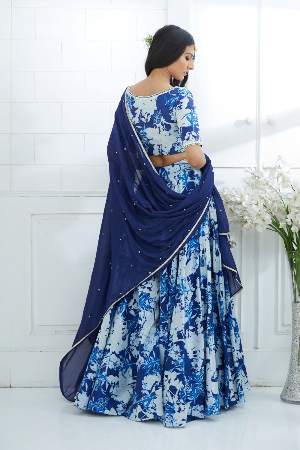 Blue Embroidered Blouse With Printed Lehenga And Dupatta