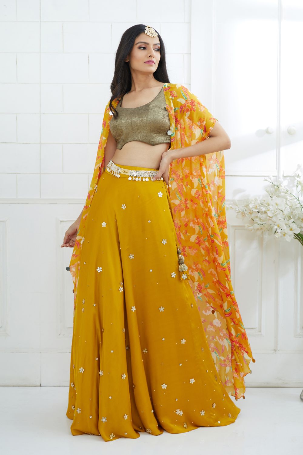 Gold Blouse With Mustard Printed Cape And  Embroidered Lehnga