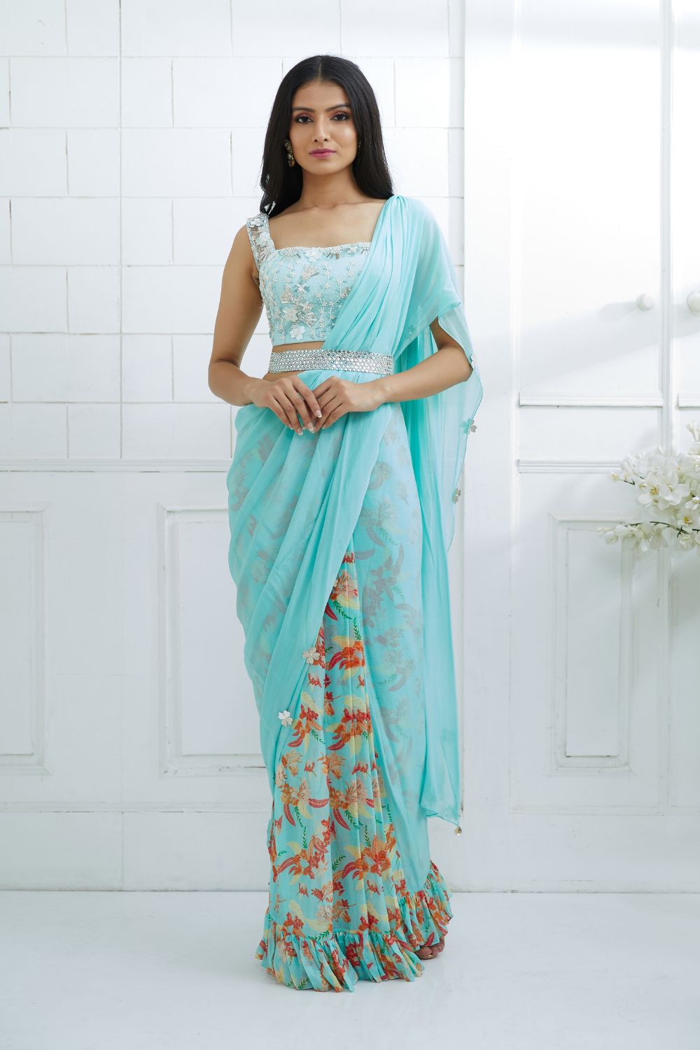 Aqua Embroidered Blouse With Solid/printed Saree