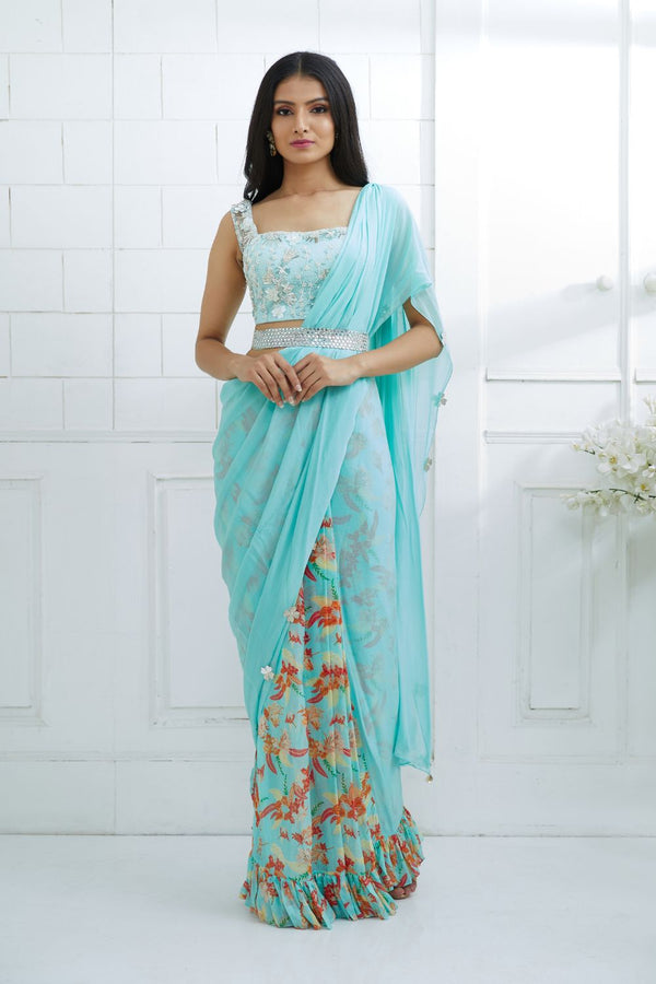 Aqua Embroidered printed Saree