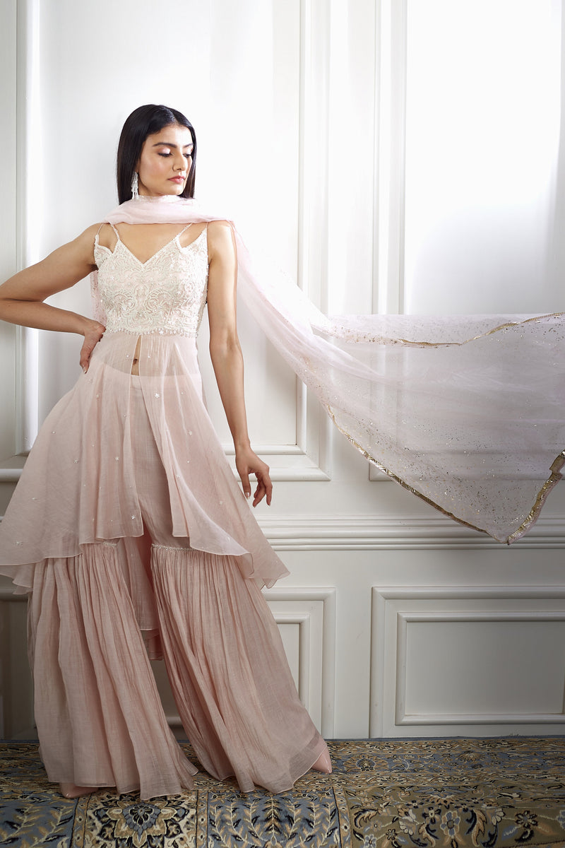 Peach Dori Kurta Sharara Set
