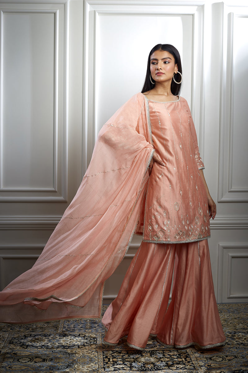 Peach Embellished Kurta Sharara Set