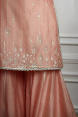 Peach Embellished Kurta Sharara Set