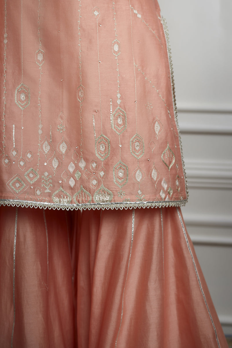 Peach Embellished Kurta Sharara Set