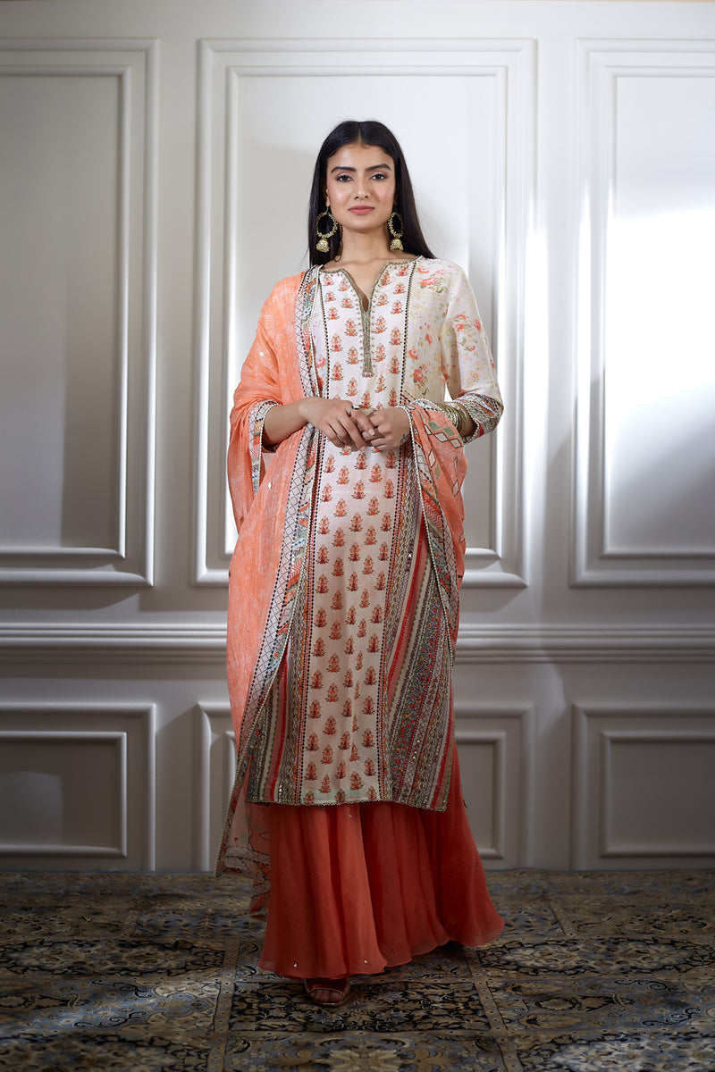 Ivory printed kurta sharara set