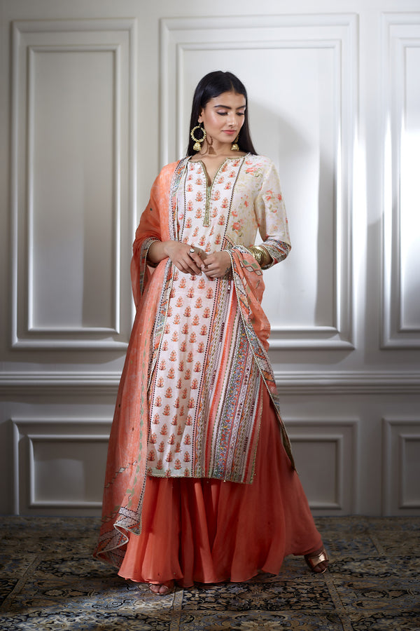 Ivory printed kurta sharara set