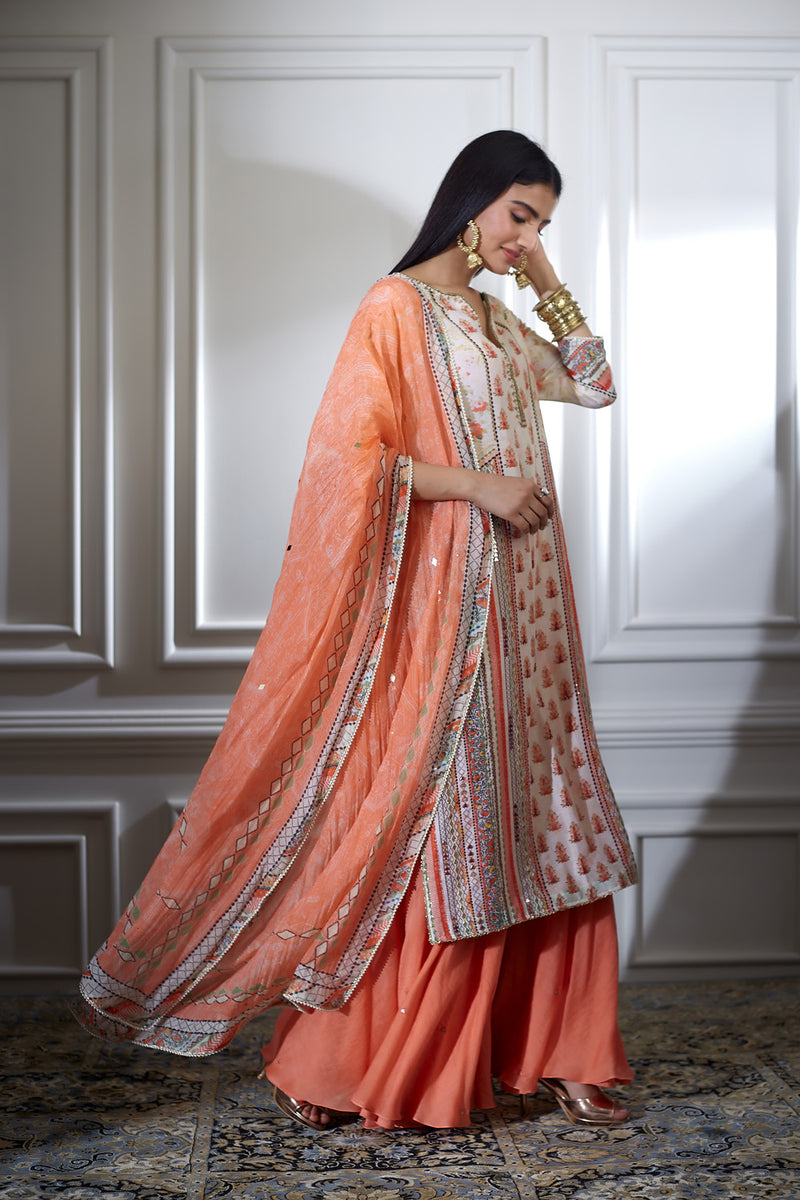 Ivory printed kurta sharara set