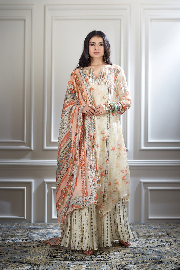 Ivory printed kurta and sharara set