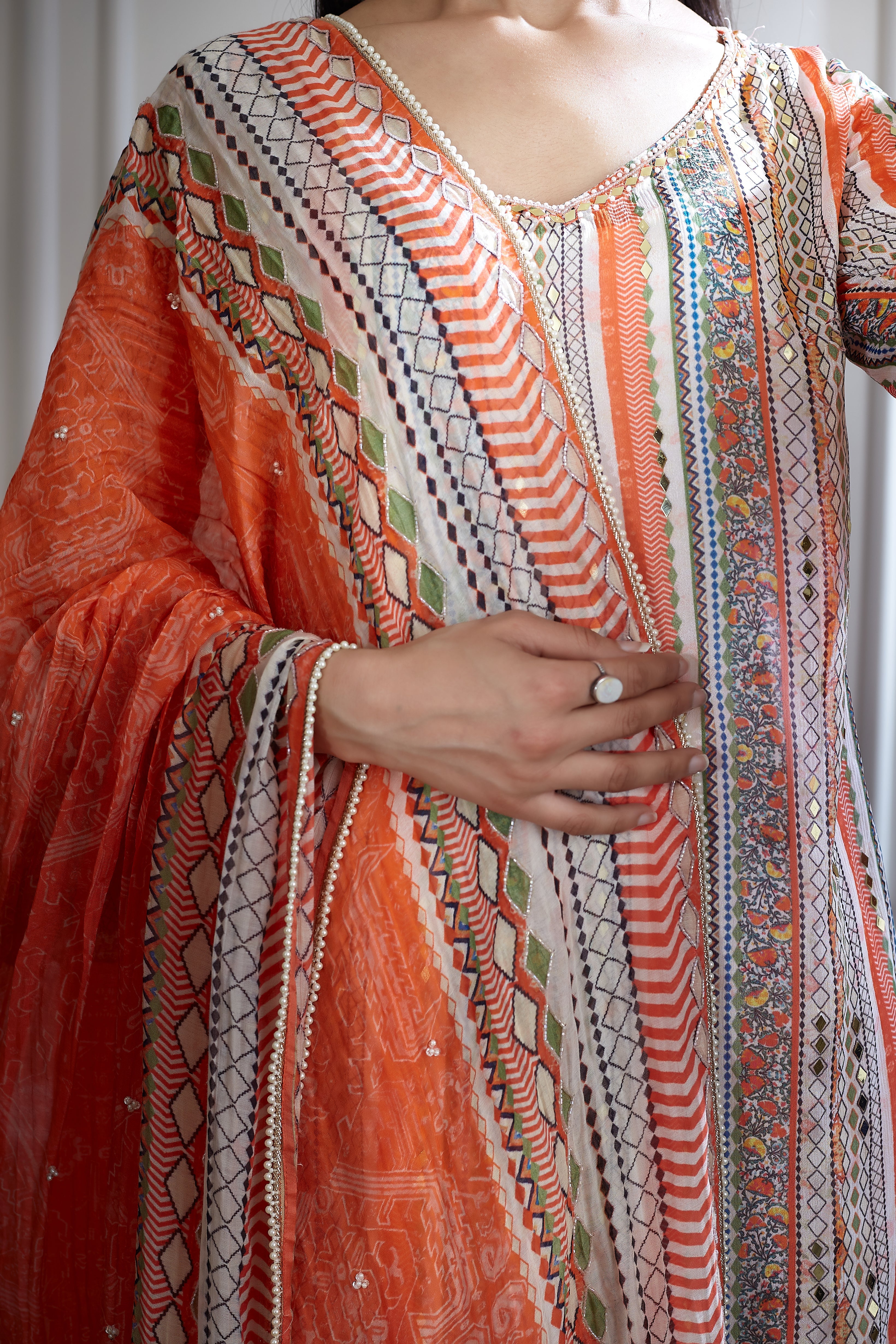 Ivory printed and mirror embellished short kurta set
