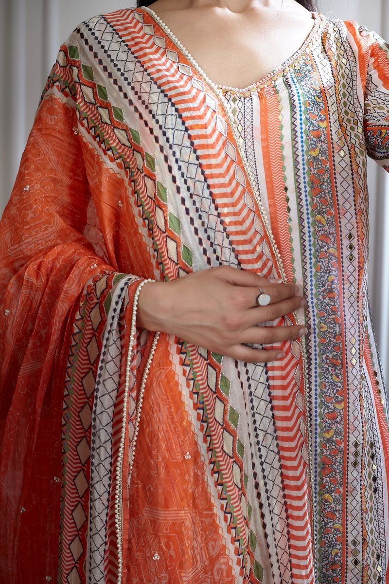 Ivory printed and mirror short kurta set