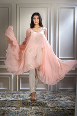 Peach Pink Foil Printed Hand Embroidered Kurta Set