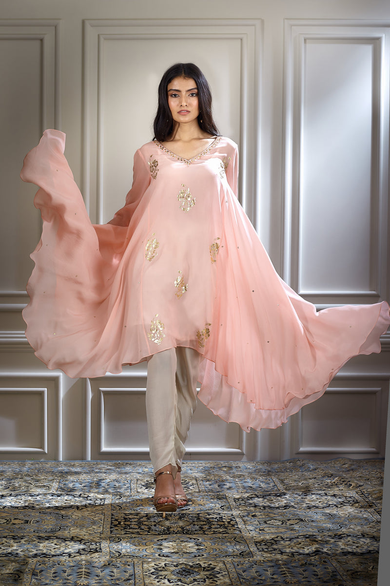 Peach Pink Foil Printed Hand Embroidered Kurta Set