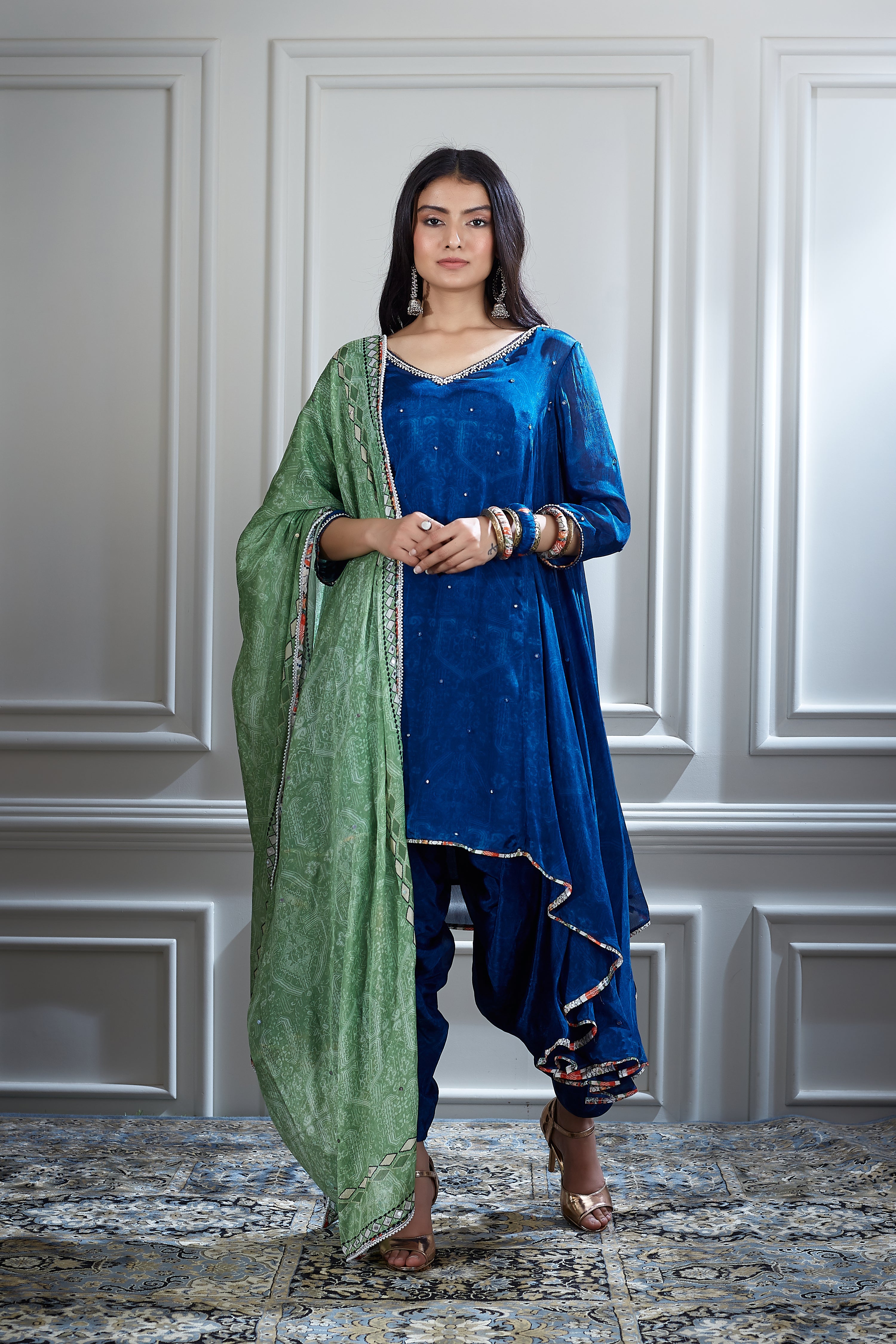 Printed and hand highlighted asymmetric tunic dhoti and dupatta