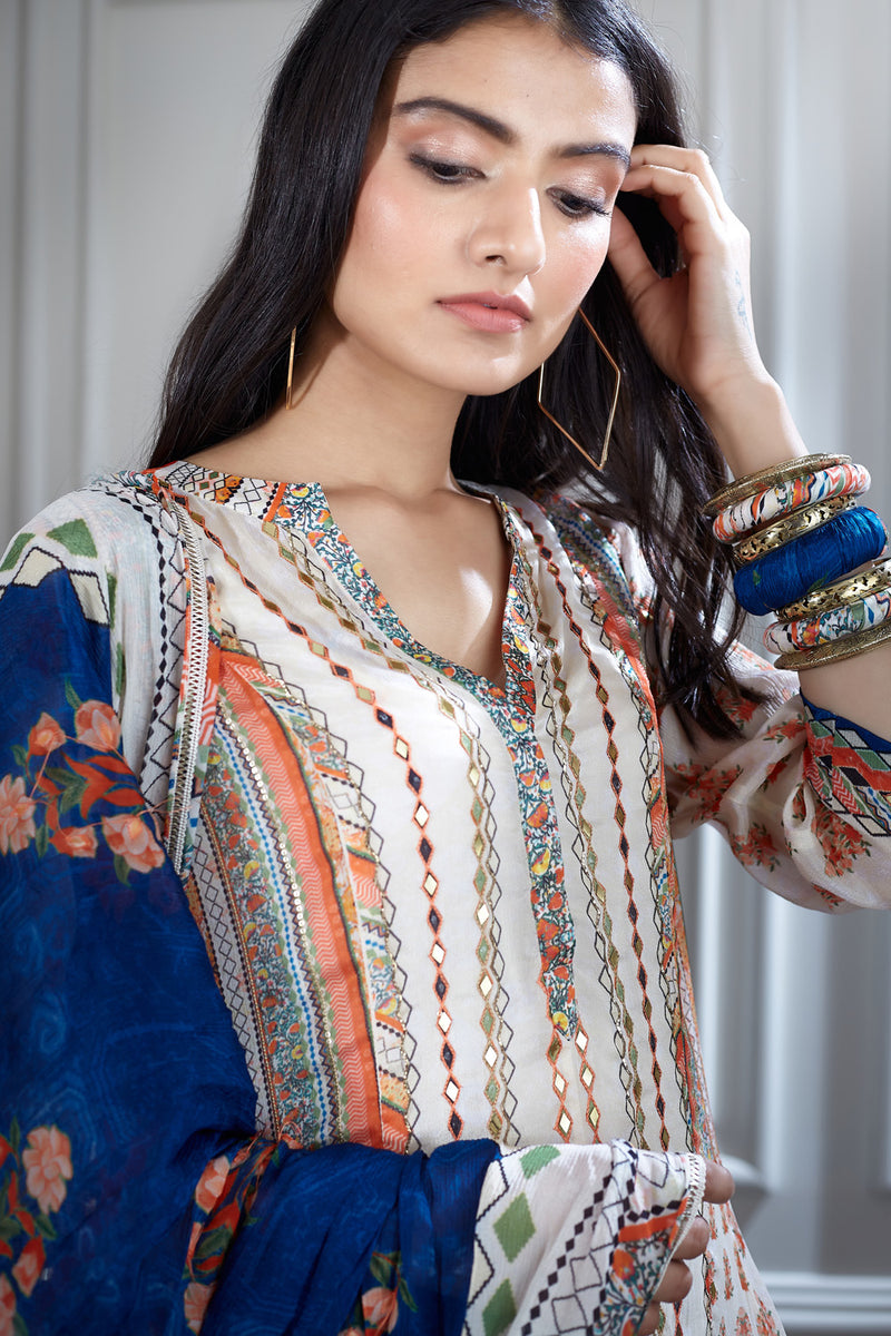 Ivory printed and mirror tunic Set