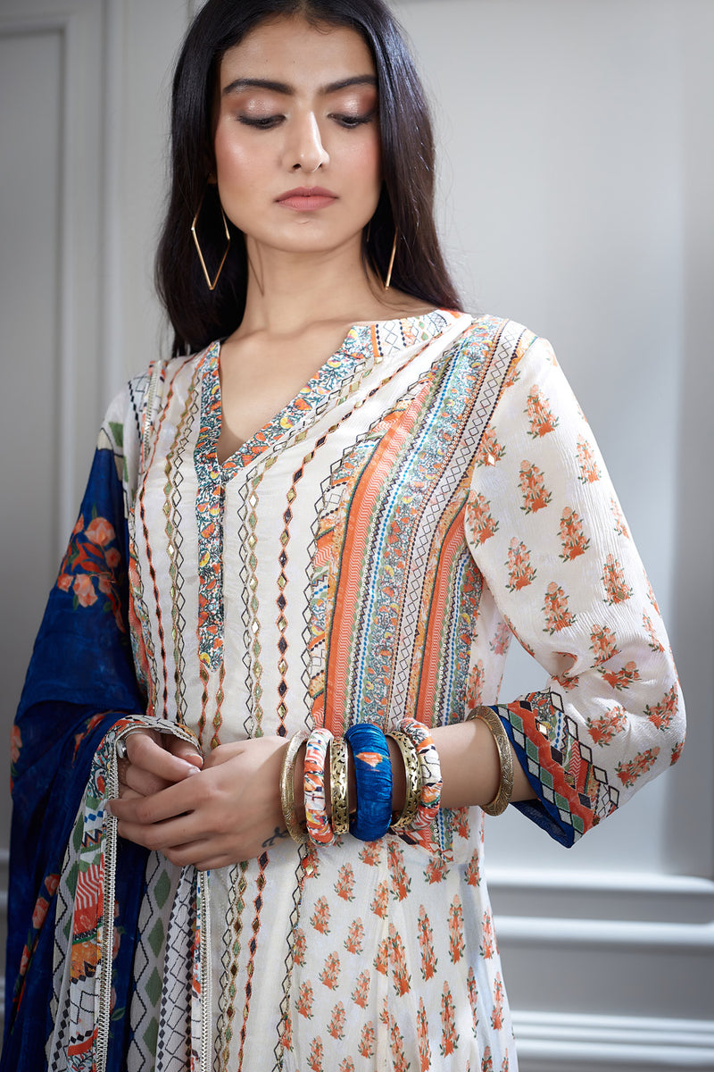 Ivory printed and mirror tunic Set