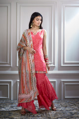 Printed layered short kurta and sharara Set
