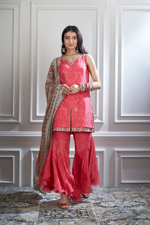 Printed layered short kurta and sharara Set
