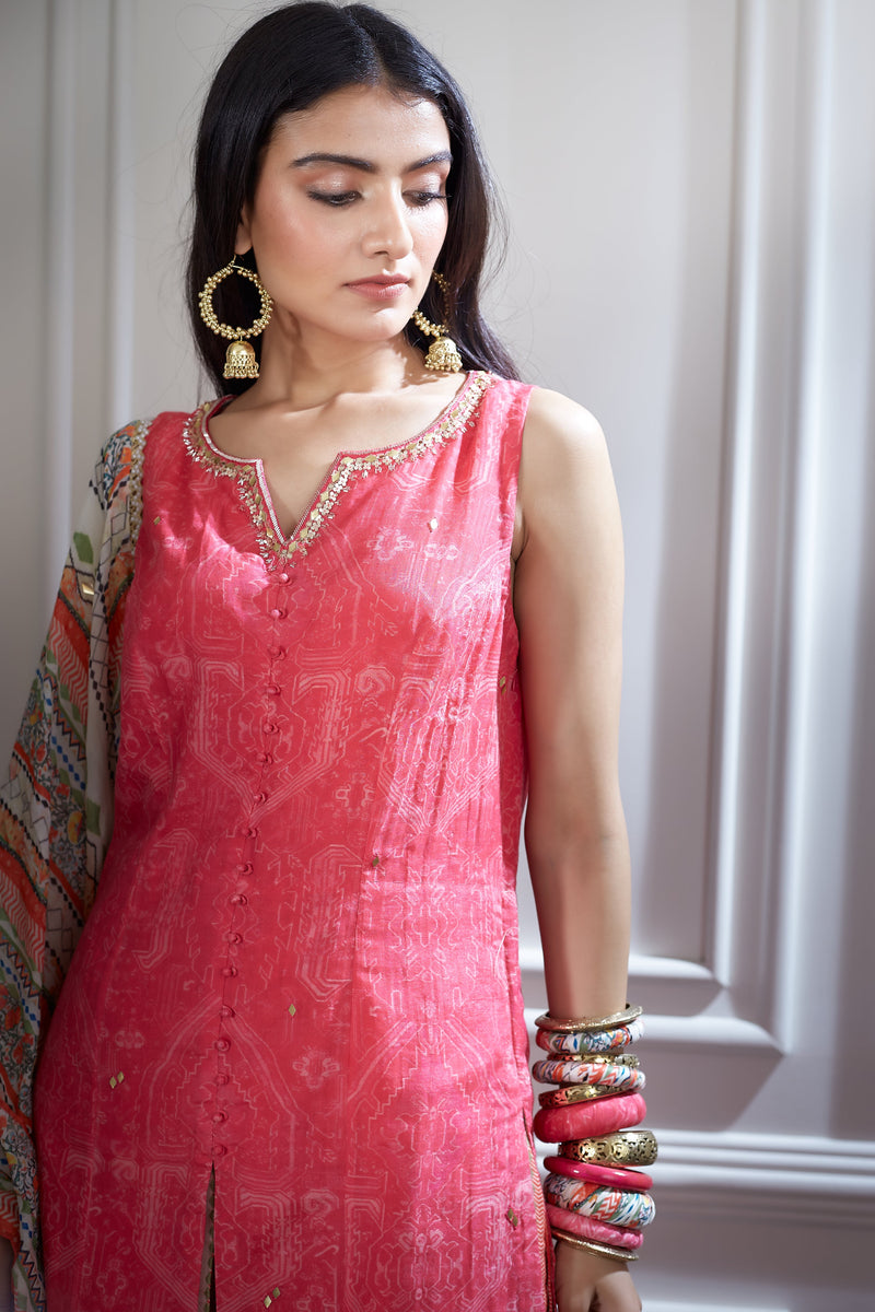 Printed layered short kurta and sharara Set