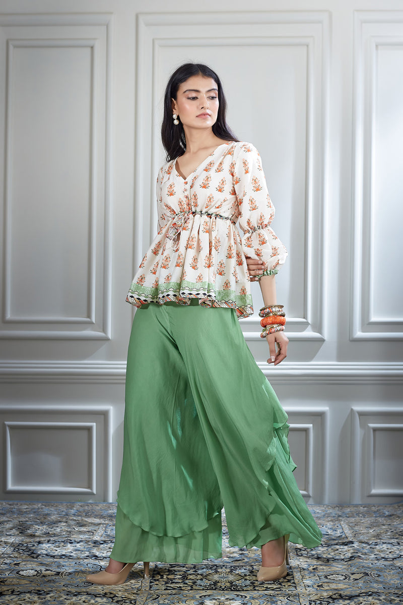 Printed Ivory Top & Sharara Set
