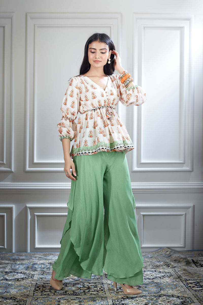 Printed Ivory Top & Sharara Set