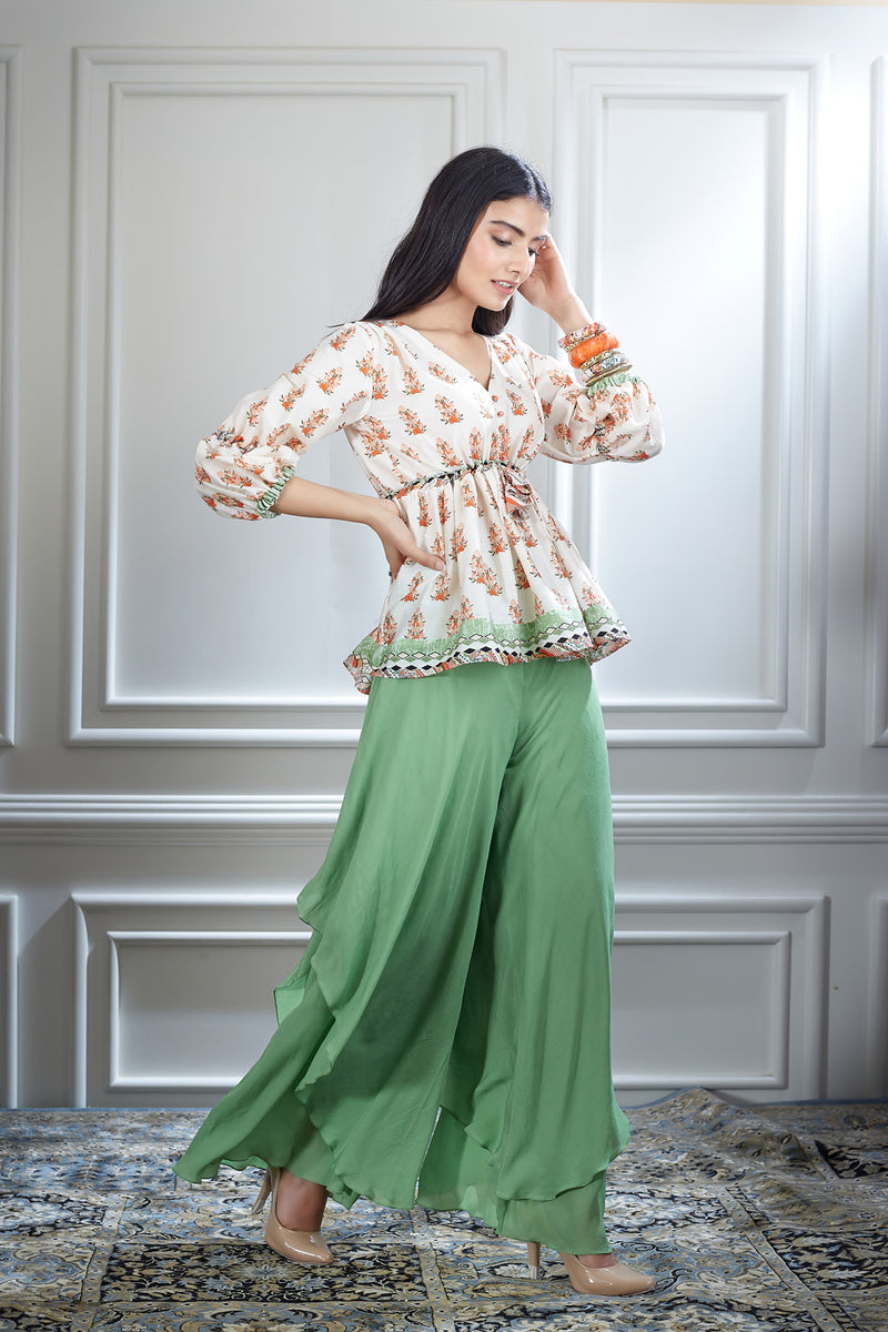 Printed Ivory Top & Sharara Set