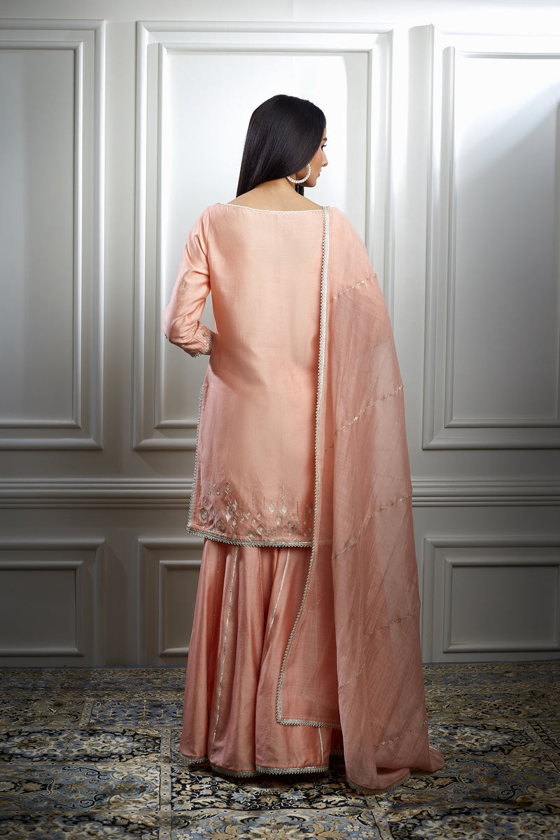 Peach Embellished Kurta Sharara Set
