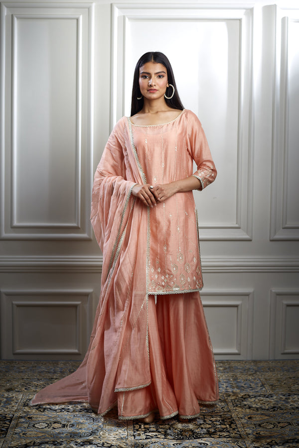 Peach Embellished Kurta Sharara Set