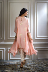Peach Pink Foil Printed Hand Embroidered Kurta Set