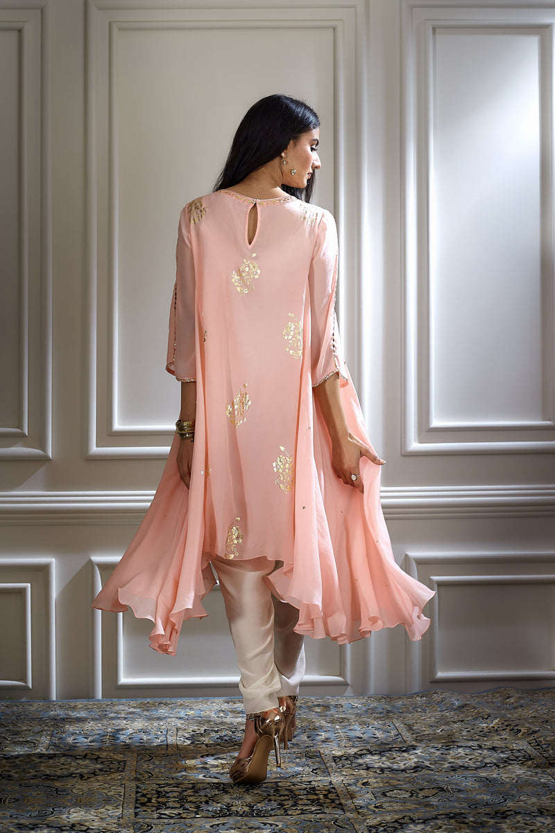 Peach Pink Foil Printed Hand Embroidered Kurta Set