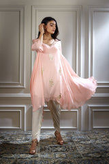Peach Pink Foil Printed Hand Embroidered Kurta Set