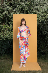 Pop abstract printed satin top & wrap skirt