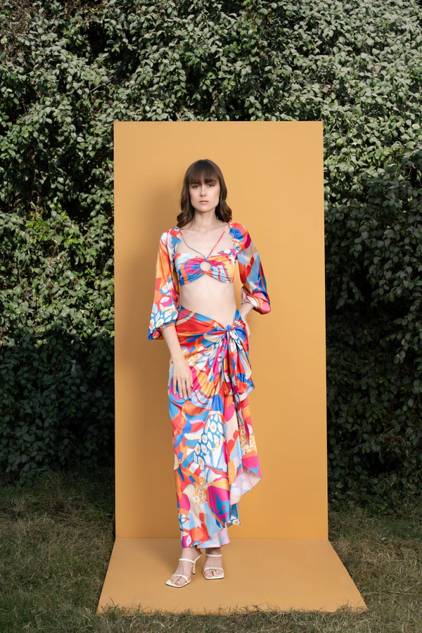 Pop abstract printed satin top & wrap skirt