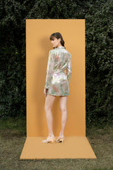 Tropical Printed sequins short wrap jacket dress
