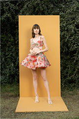 Dahlia bouquet printed cutout short dress