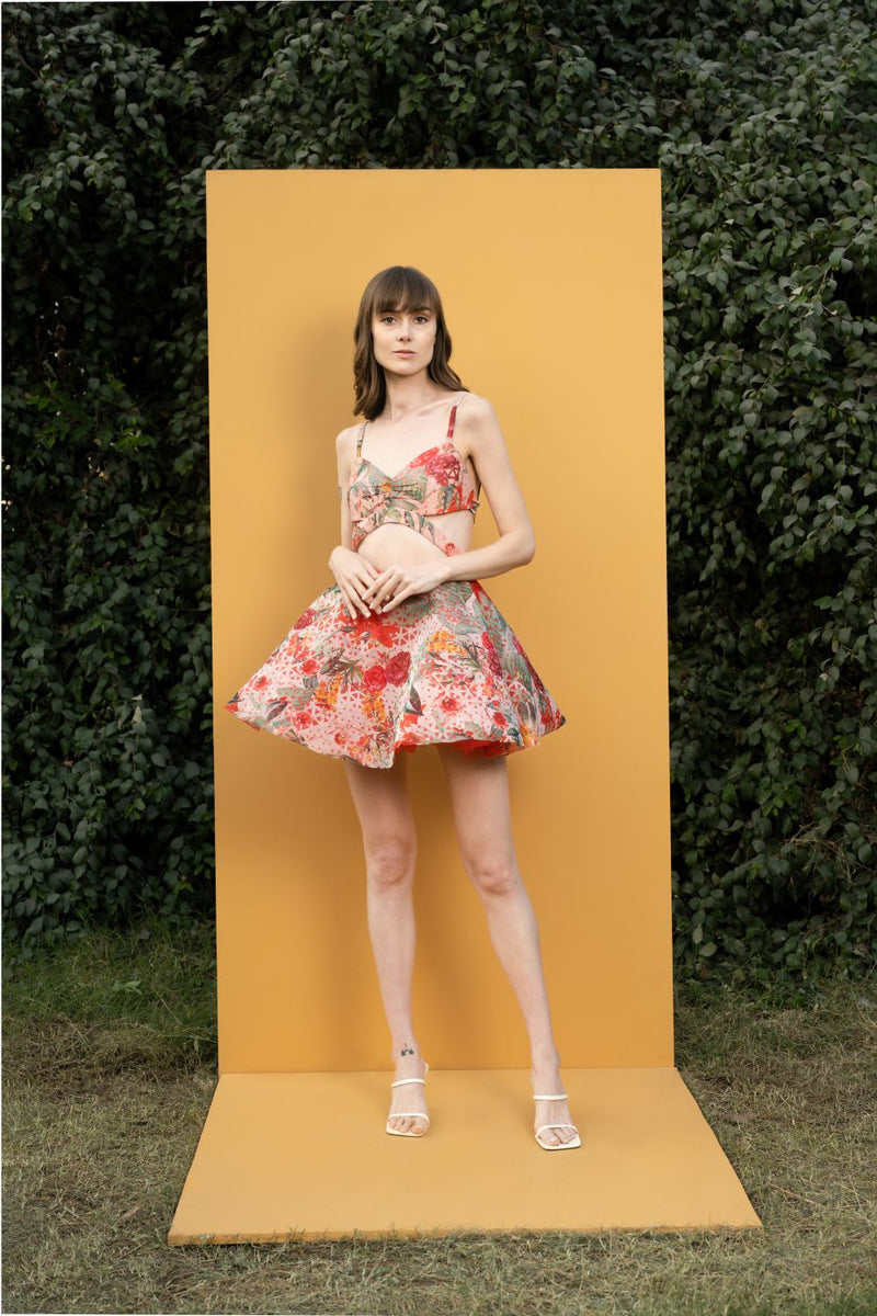 Dahlia bouquet printed cutout short dress
